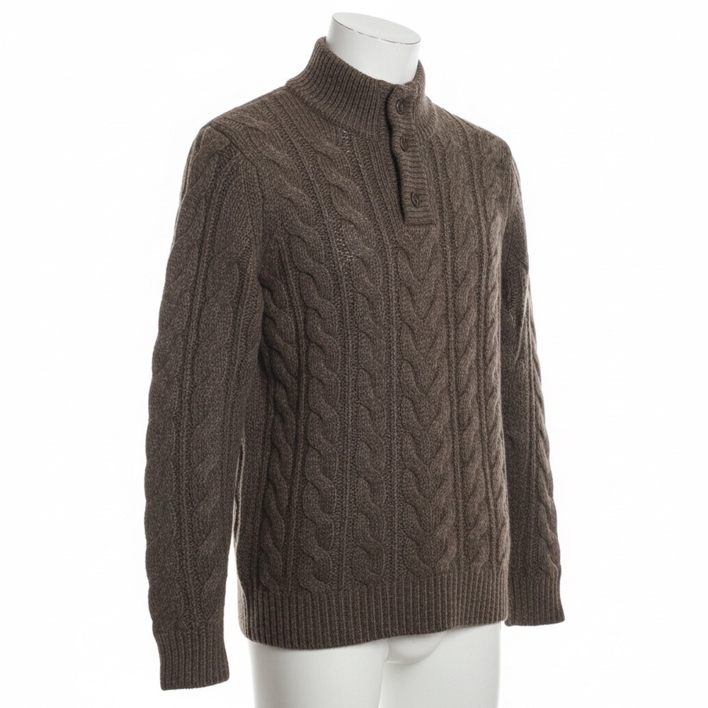 L.L. Bean Signature Mens Pullover Sweater Brown L Mock‎ Neck Cable Knit Button